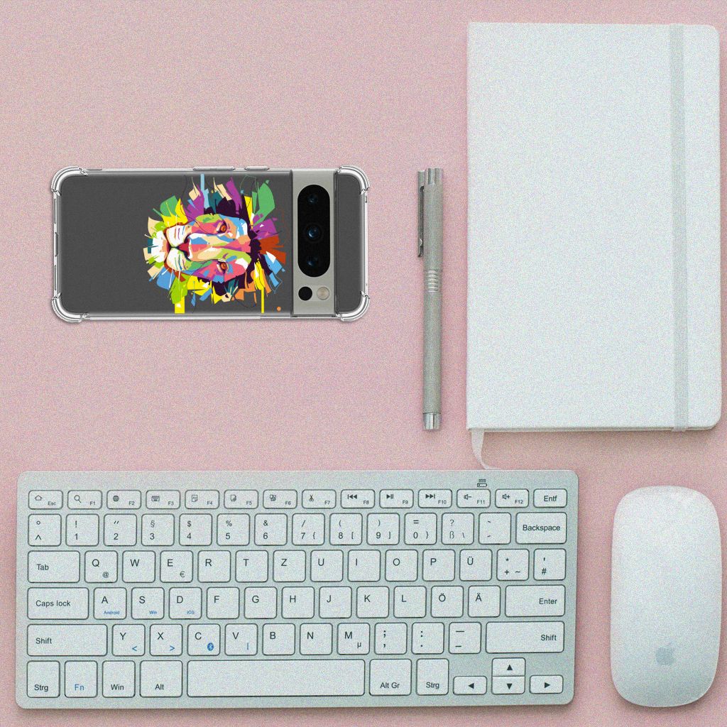 Google Pixel 8 Pro Stevig Bumper Hoesje Lion Color bovenaanzicht toetsenbord notitieboek muis