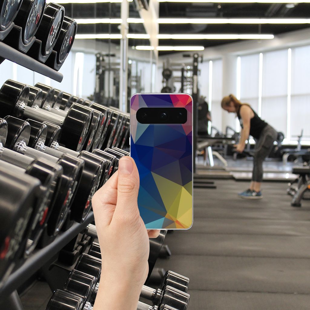 Google Pixel 8 Pro TPU Hoesje Polygon Dark hand gym achtergrond dumbbells