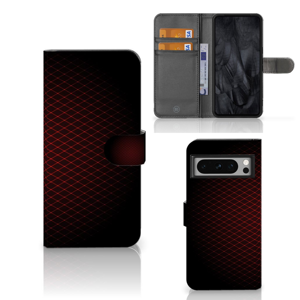 Google Pixel 8 Pro Telefoon Hoesje Geruit Rood met ruimte voor 3 pasjes en opvallend design.