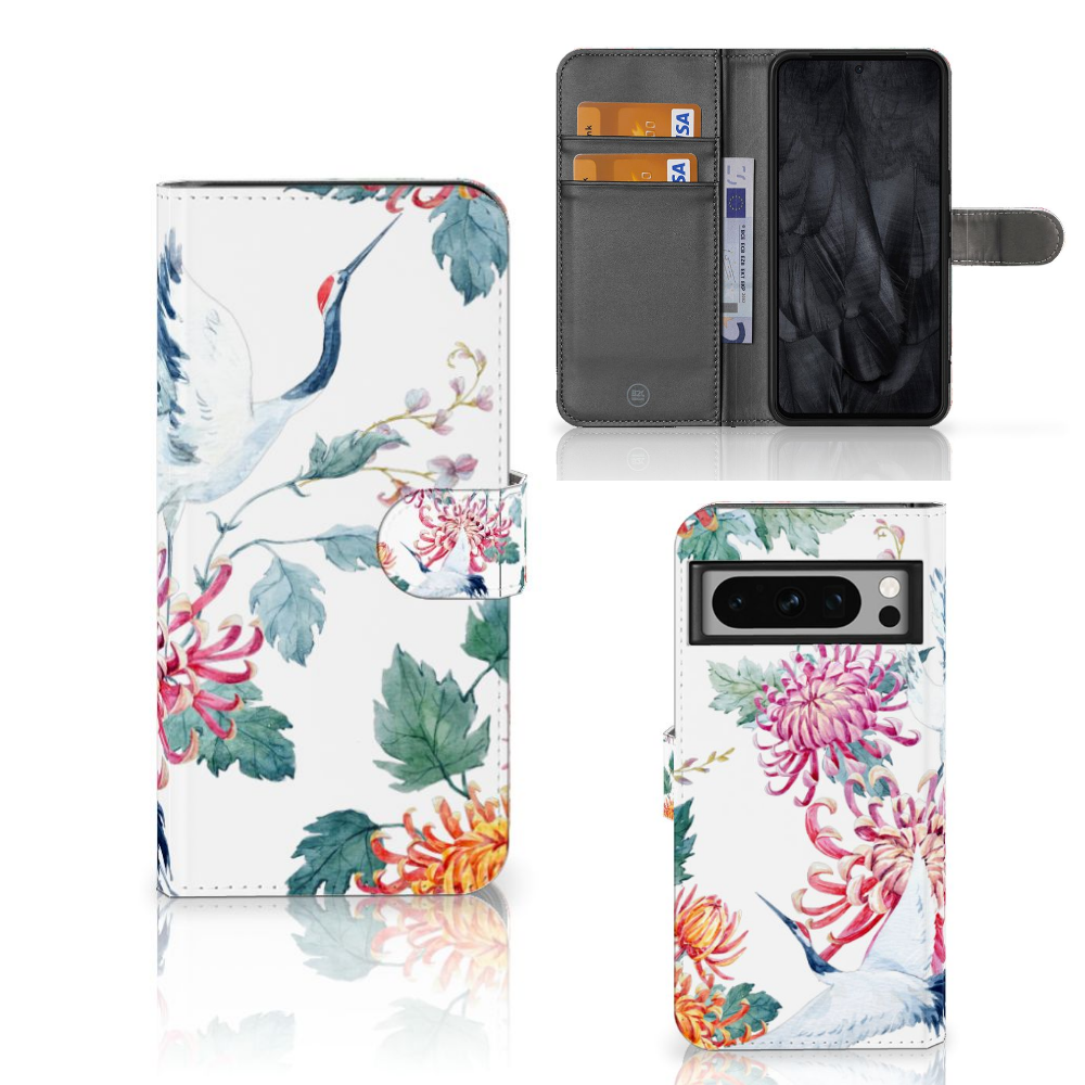 Google Pixel 8 Pro Telefoonhoesje met Pasjes Bird Flowers boekhoesje aanzicht zijde binnenkant