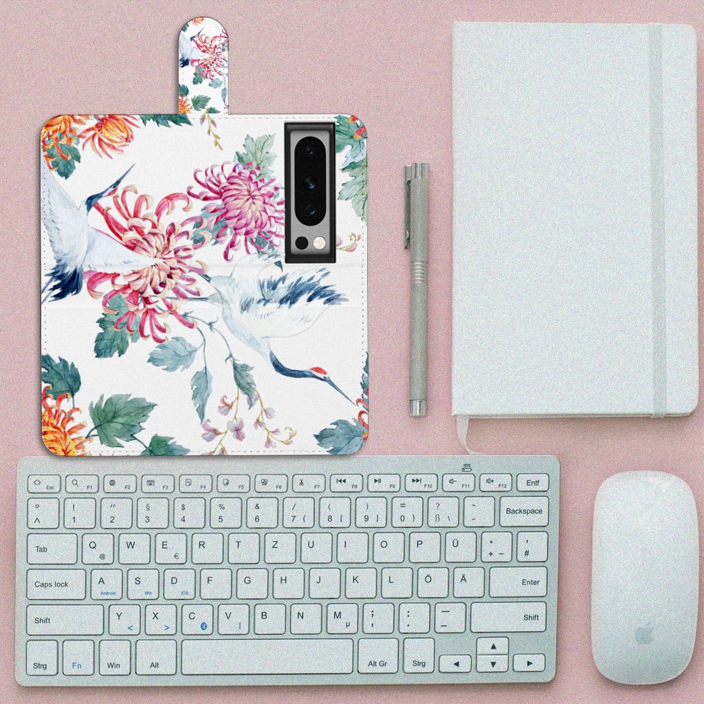 Google Pixel 8 Pro Telefoonhoesje met Pasjes Bird Flowers design vooraanzicht