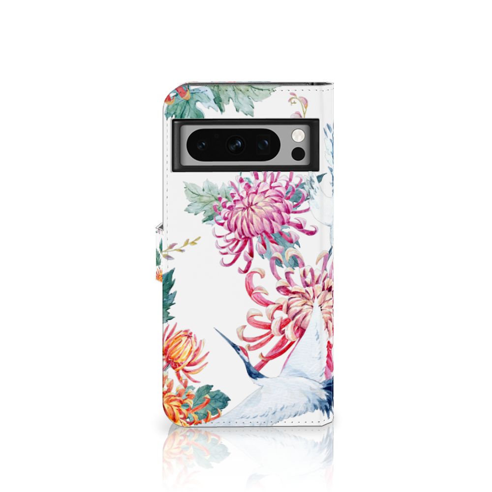 Google Pixel 8 Pro Telefoonhoesje met Pasjes Bird Flowers design bloemen ooievaars voorkant