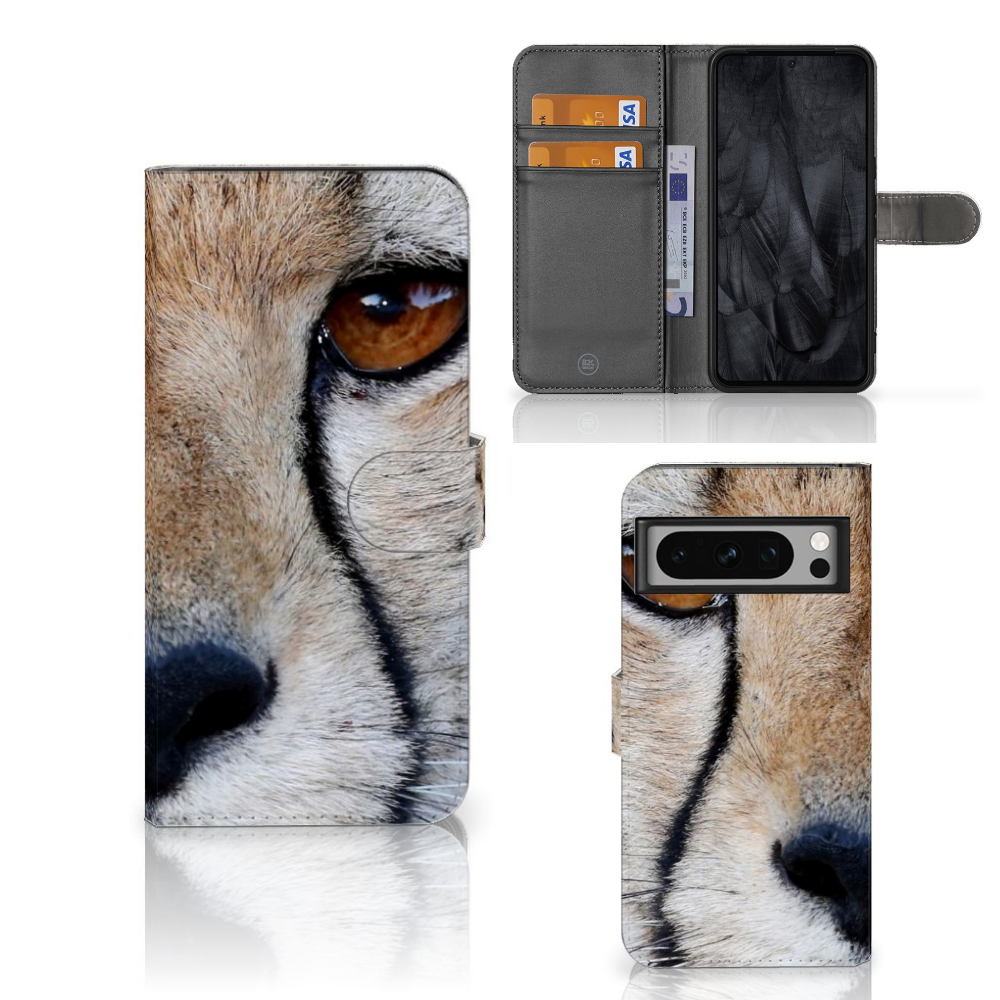 Google Pixel 8 Pro Telefoonhoesje met Pasjes Cheetah met close-up van cheeta gezicht
