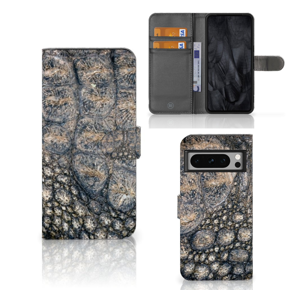 Google Pixel 8 Pro Telefoonhoesje met Pasjes Krokodillenprint krokodillenprint voor en achterzijde open