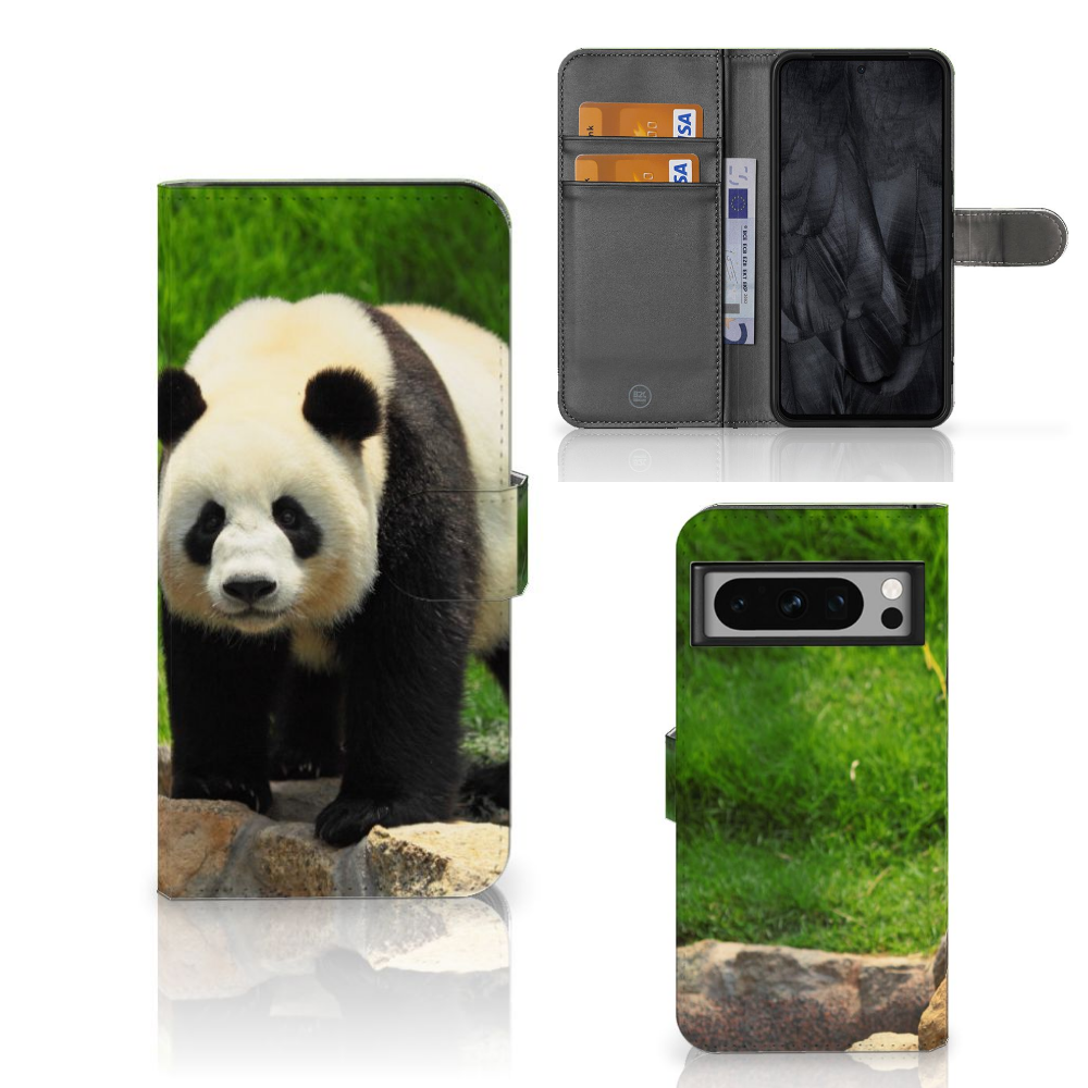Google Pixel 8 Pro Telefoonhoesje met Pasjes Panda design panda anzicht voorkant achterkant