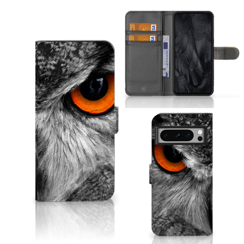 Google Pixel 8 Pro Telefoonhoesje met Pasjes Uil, stoere uitstraling met bescherming en gebruiksgemak.