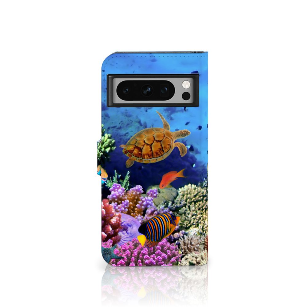 Google Pixel 8 Pro Telefoonhoesje met Pasjes Vissen kleurrijk design zeedieren aanzicht