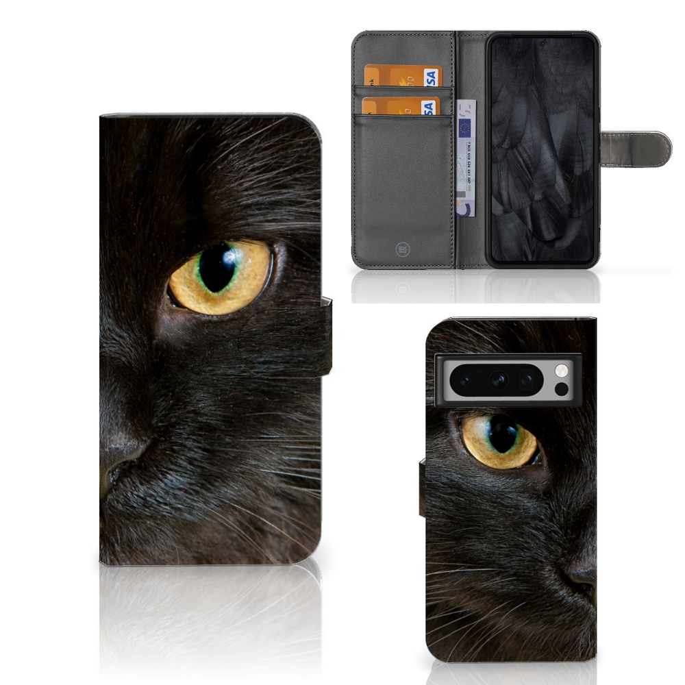 Google Pixel 8 Pro Telefoonhoesje met Pasjes Zwarte Kat telefoonhoesje ontwerp Zwarte Kat aanzicht
