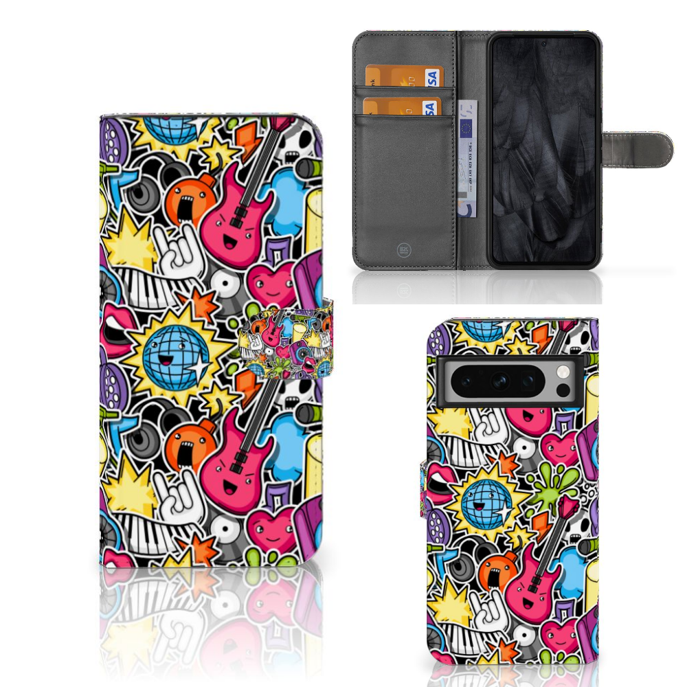 Google Pixel 8 Pro Wallet Case met Pasjes Punk Rock met gitaar en discobal design 🎸, biedt stijl en bescherming.