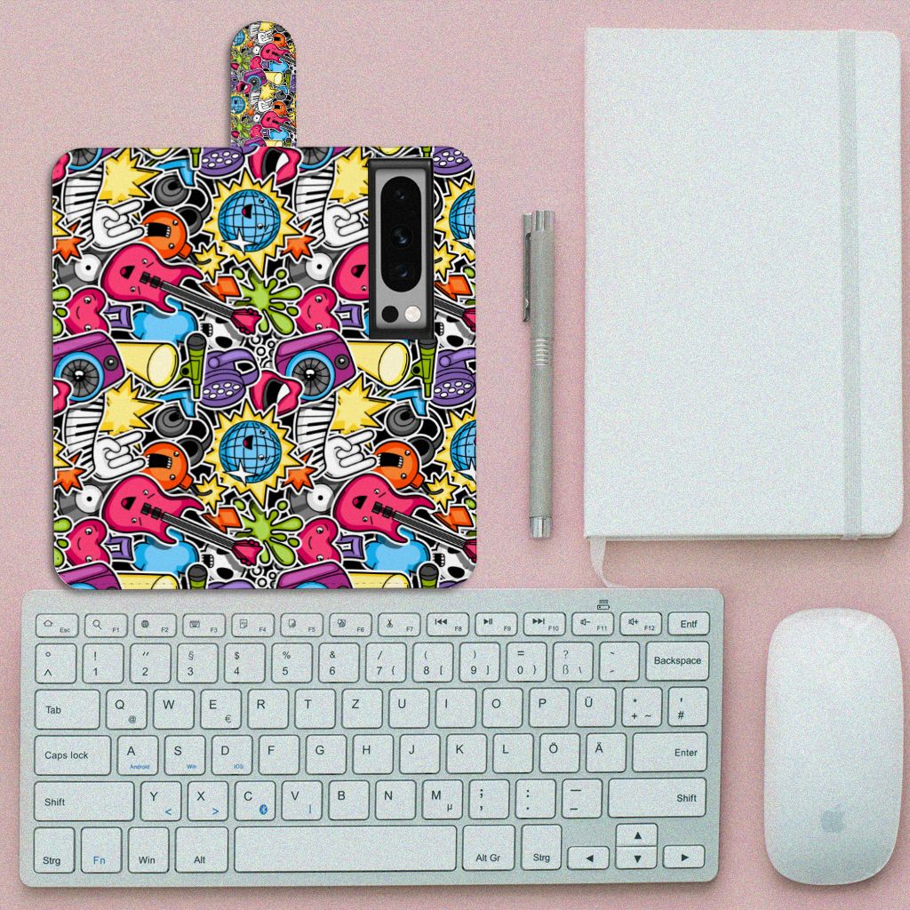 Google Pixel 8 Pro Wallet Case met Pasjes Punk Rock met kleurrijke gitaren en disco-elementen voor rebelse uitstraling