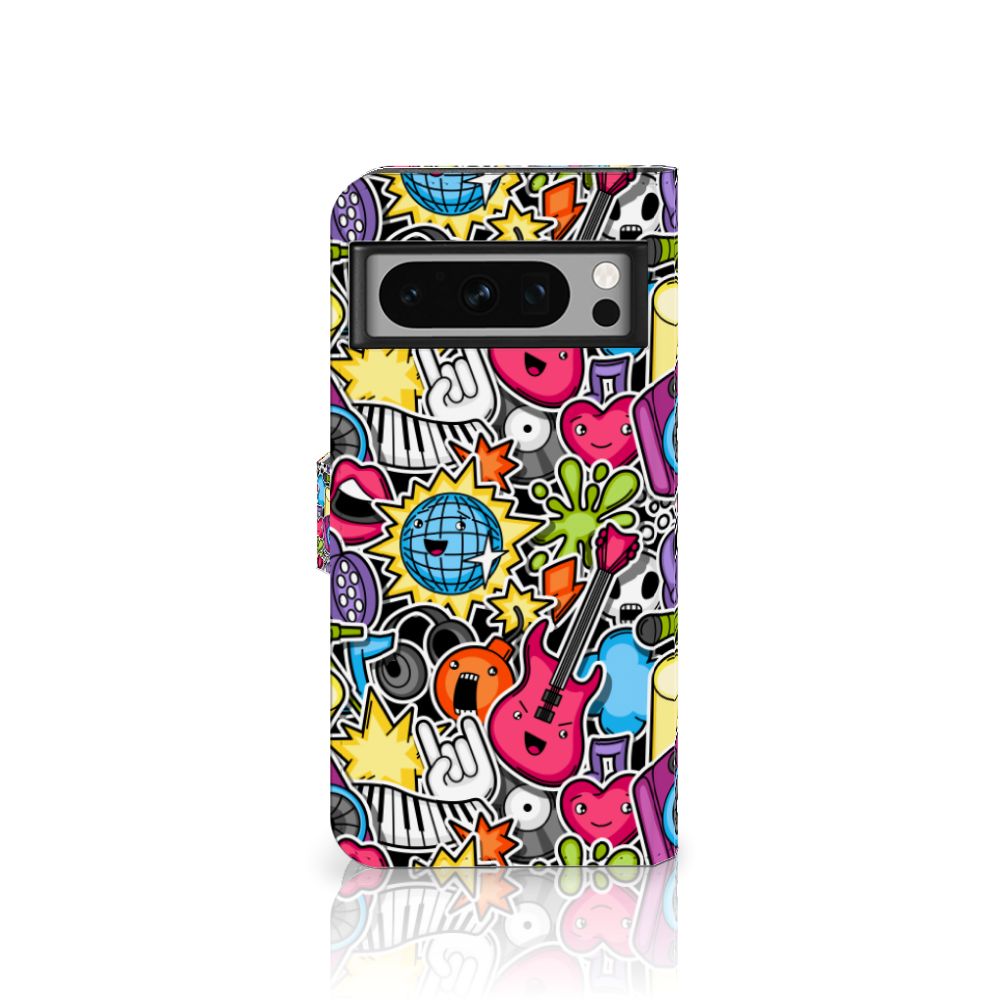 Google Pixel 8 Pro Wallet Case met Pasjes Punk Rock met kleurrijke gitaren en discoballen 🎸 voor gebruiksgemak en duurzaamheid.