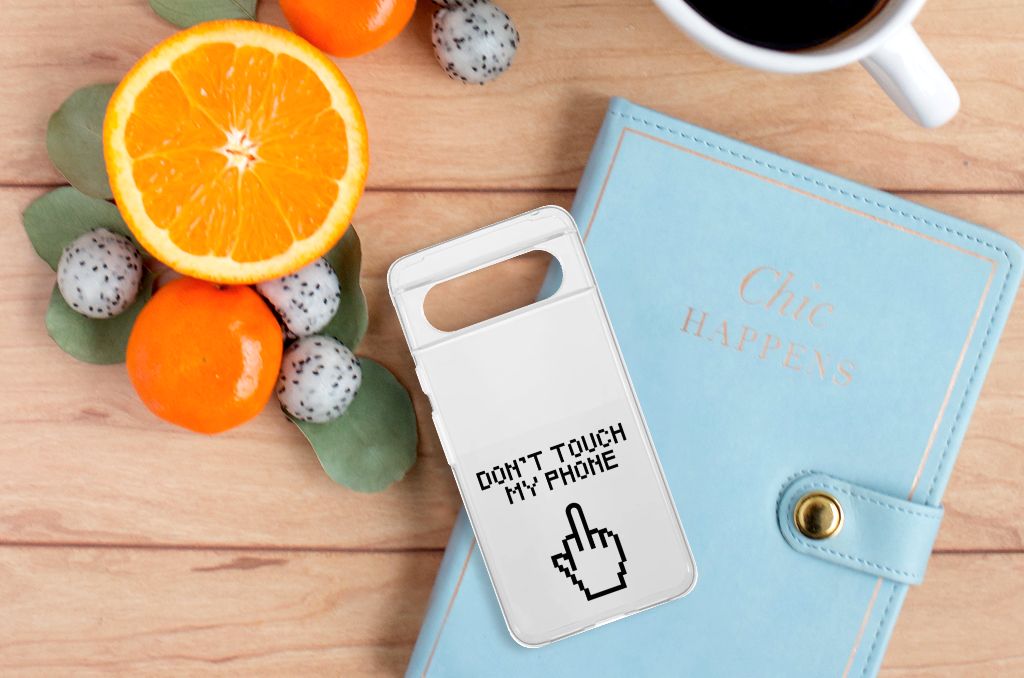 Google Pixel 8 Silicone-hoesje Finger Don't Touch My Phone design bovenkant aanzicht