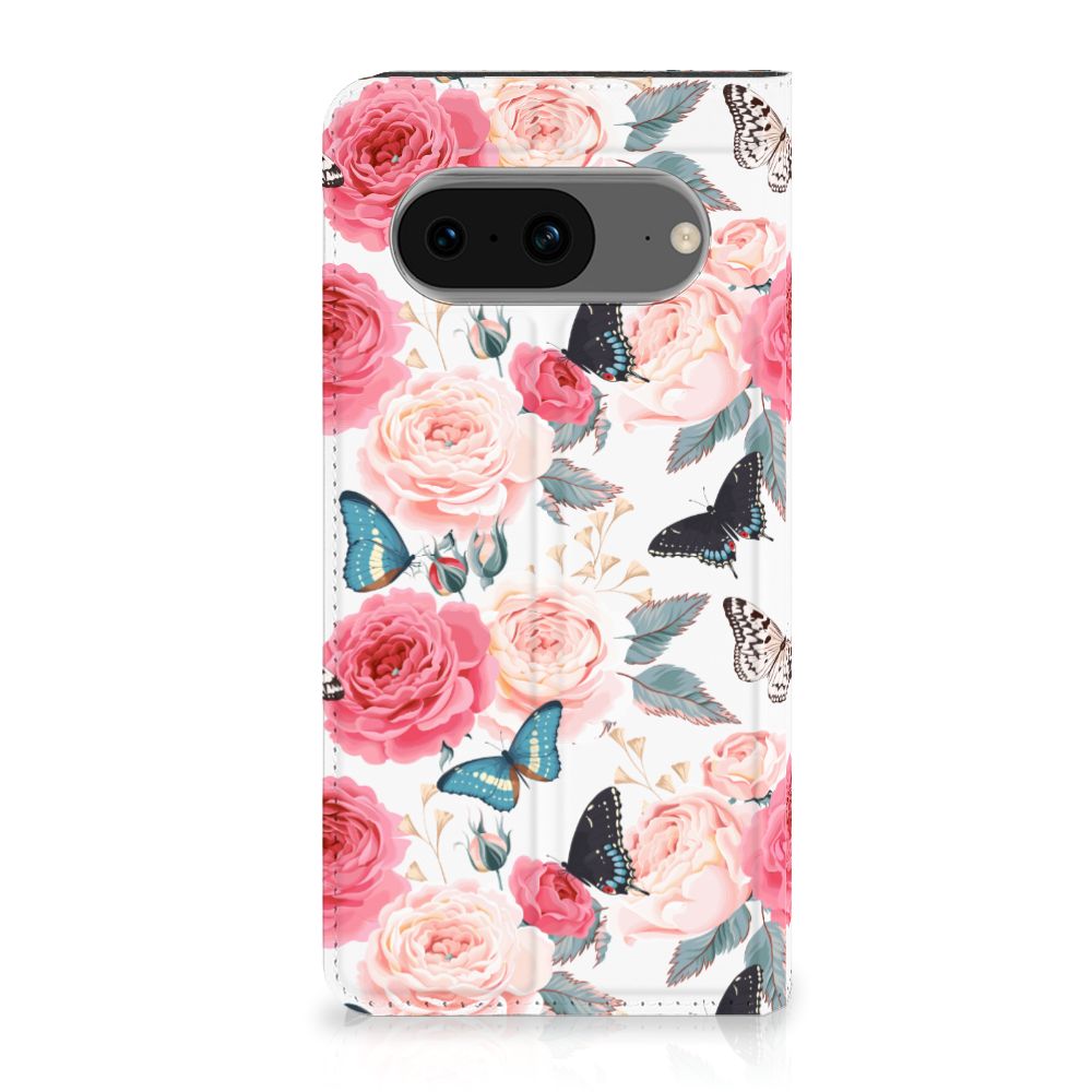 Google Pixel 8 Smart Cover Butterfly Roses hoesje bloemen vlinders voorkant