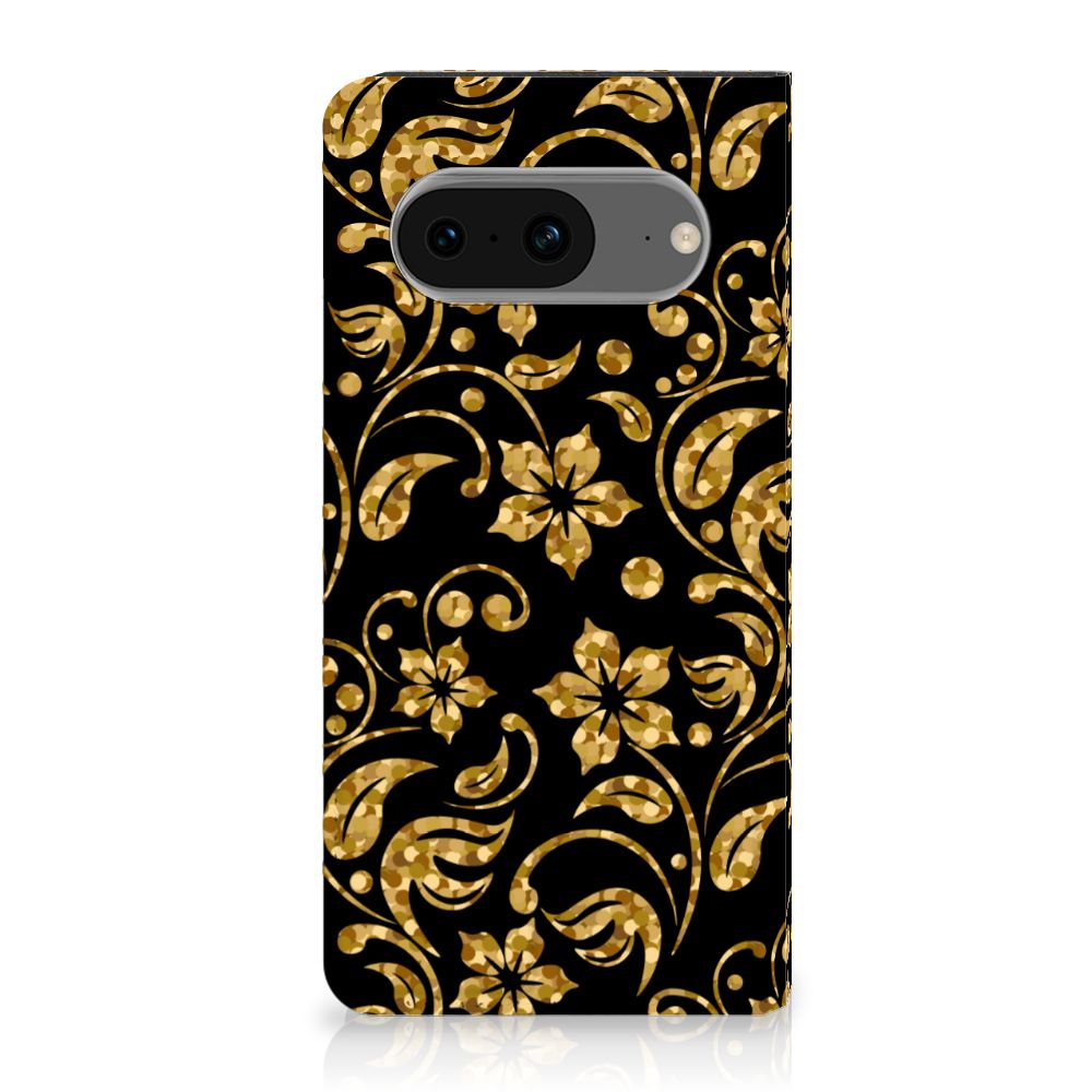 Google Pixel 8 Smart Cover Gouden Bloemen telefoonhoesje gouden bloemen design aanzicht