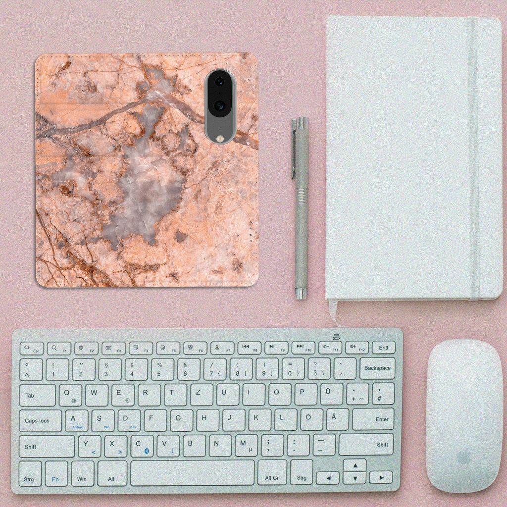 Google Pixel 8 Standcase Marmer Oranje designhoesje bovenaanzicht
