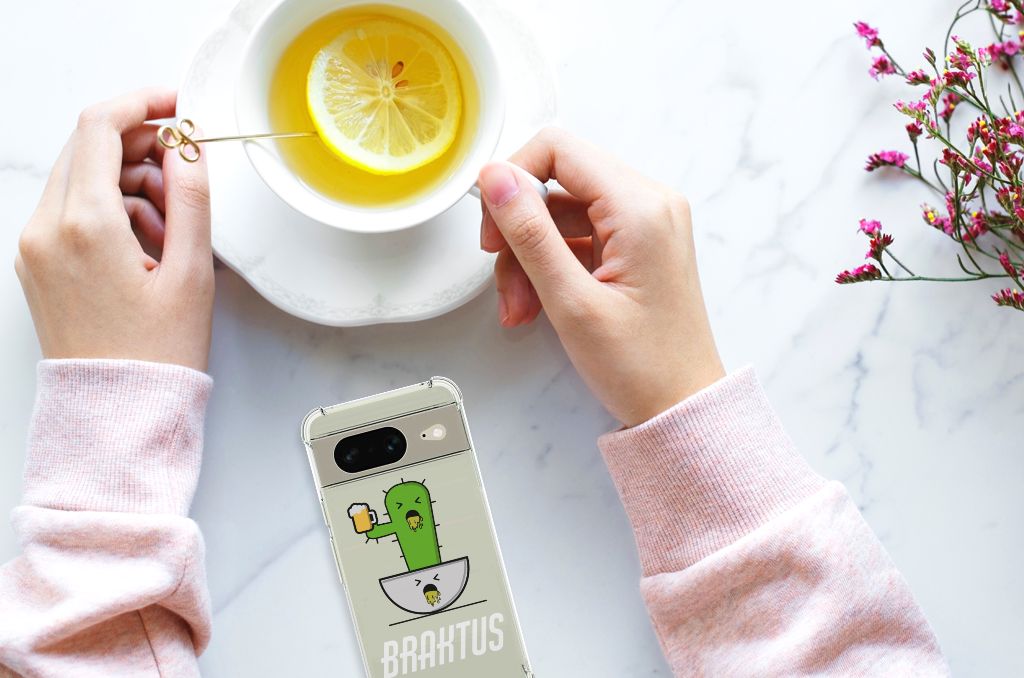 Google Pixel 8 Stevig Bumper Hoesje Braktus cactus design handden drinkend