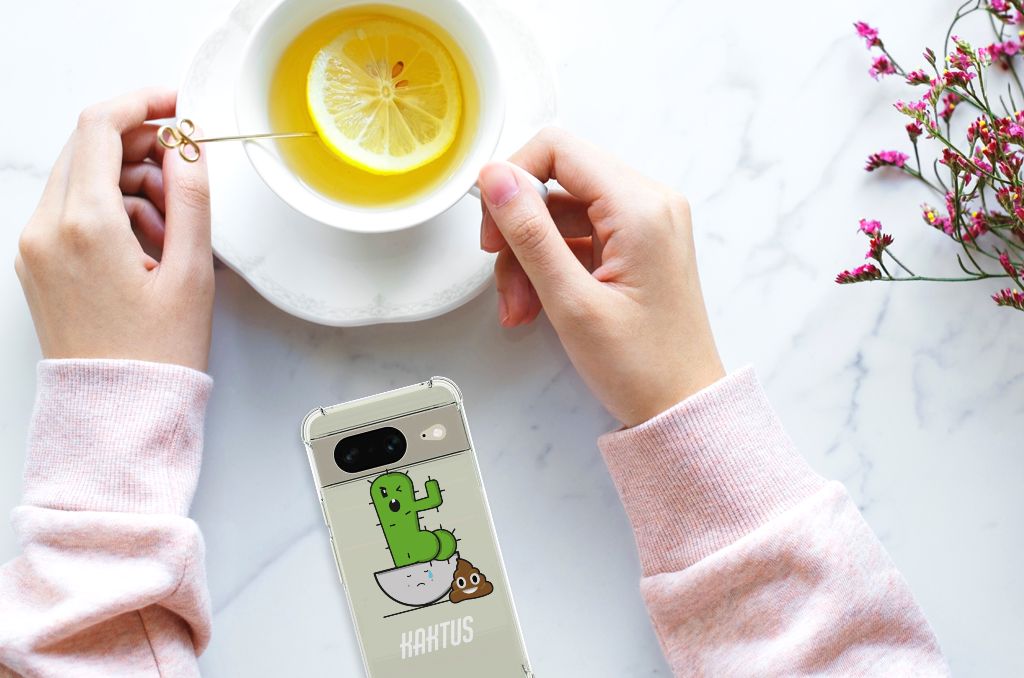 Google Pixel 8 Stevig Bumper Hoesje Cactus Poo handen kopje thee