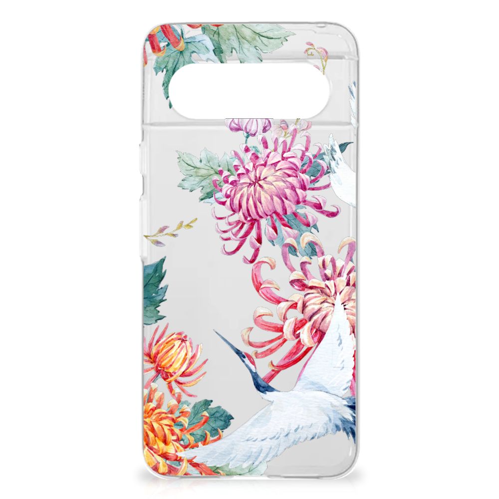 Google Pixel 8 TPU Hoesje Bird Flowers bloemen ooievaar design achteraanzicht
