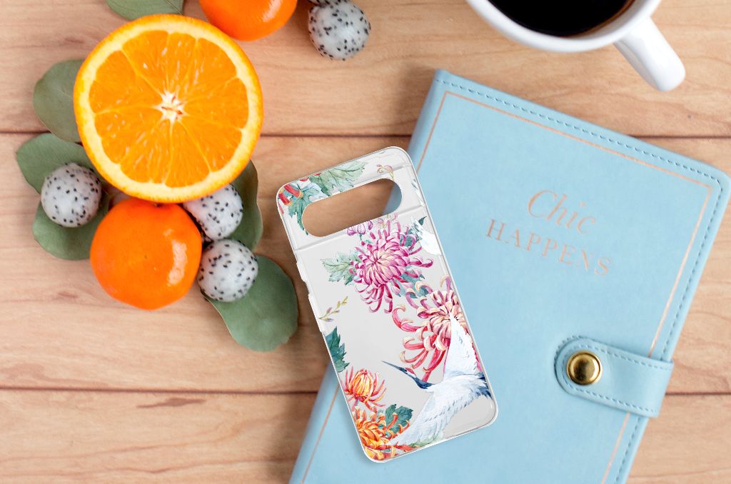 Google Pixel 8 TPU Hoesje Bird Flowers design bloemen aanzicht