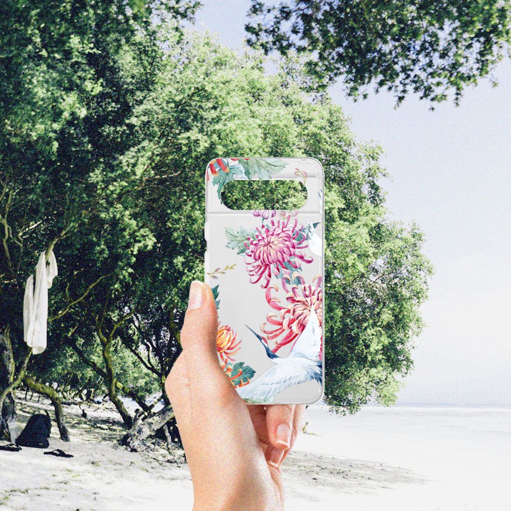 Google Pixel 8 TPU Hoesje Bird Flowers bloemen design voorkant