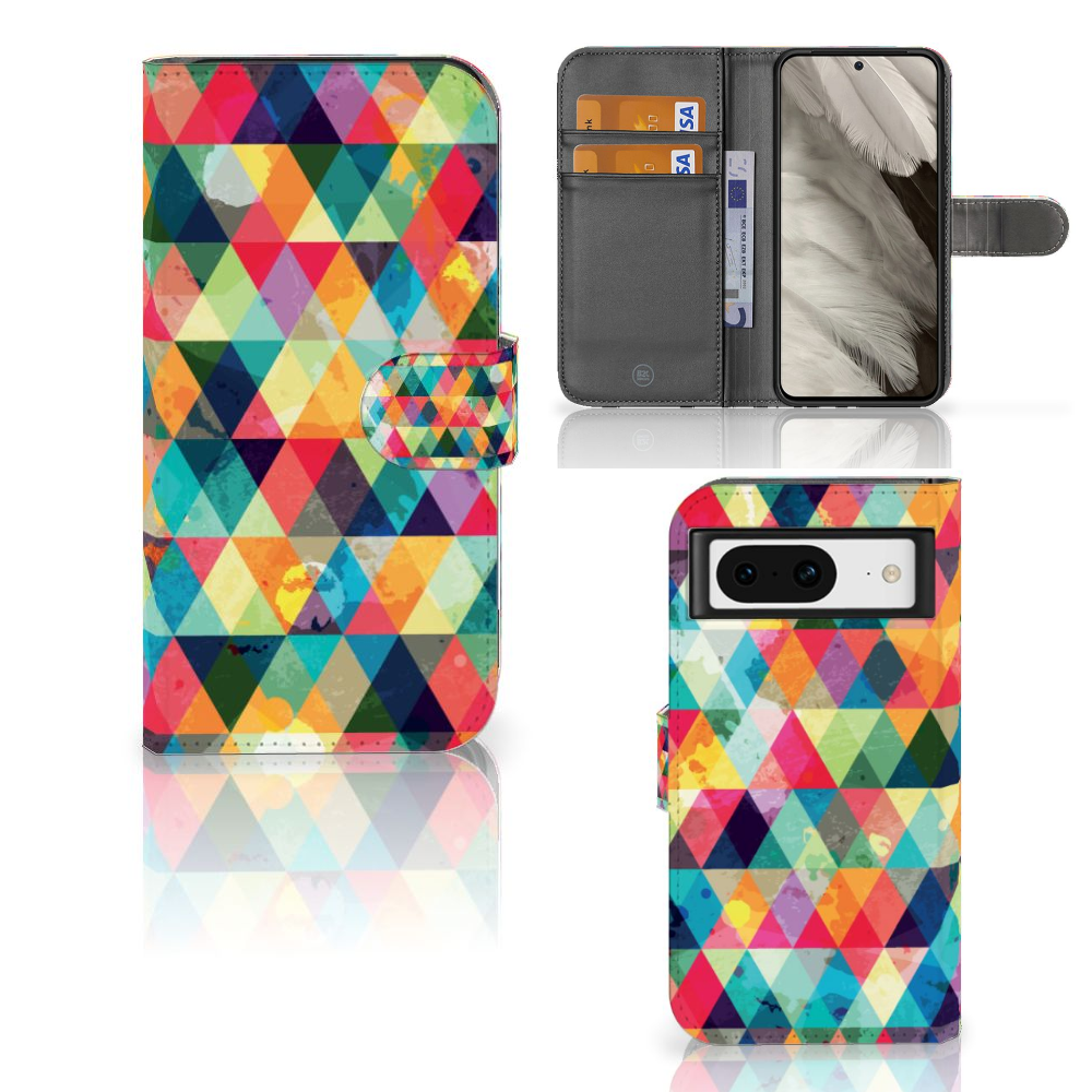 Google Pixel 8 Telefoon Hoesje Geruit met kleurrijk ruitjesdesign en ruimte voor 3 pasjes voor bescherming en uitstraling.