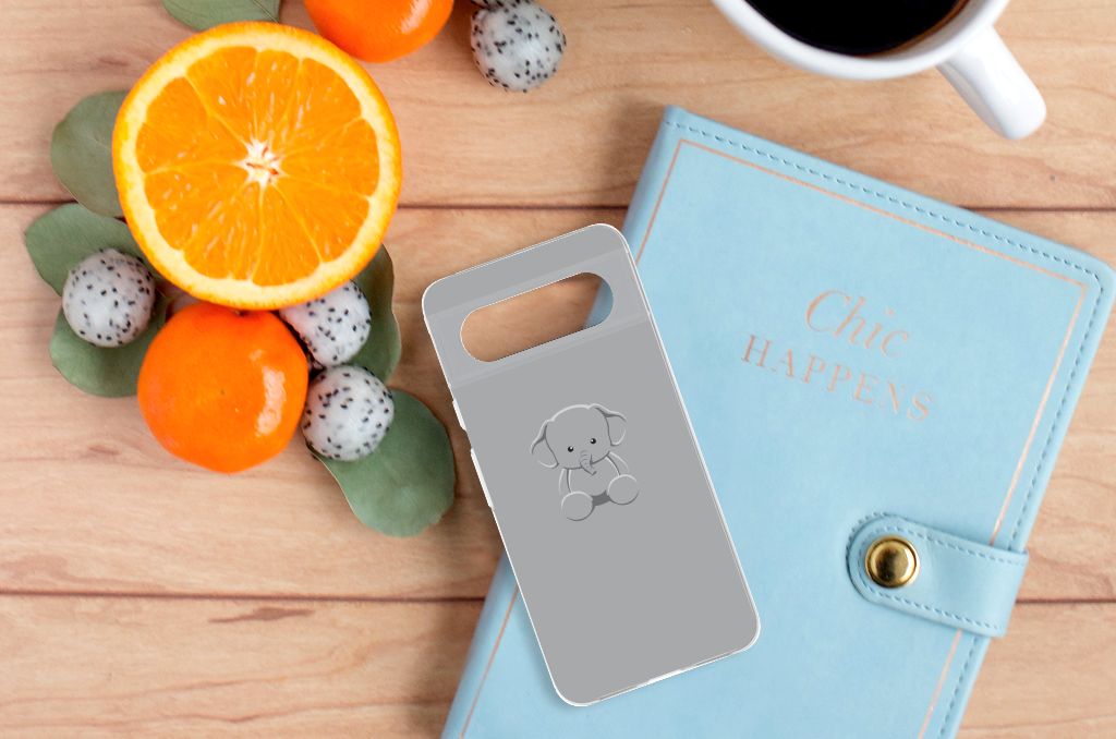 Google Pixel 8 Telefoonhoesje met Naam Grijs Baby Olifant telefoonhoesje baby olifant design bovenaanzicht