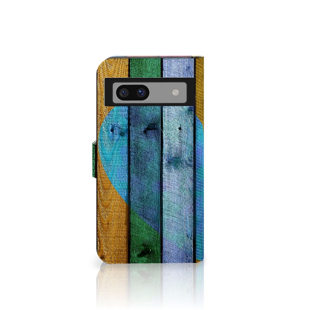 Google Pixel 8A Book Style Case Wood Heart - Cadeau voor je Vriend boekhoesje hout hart vooraan