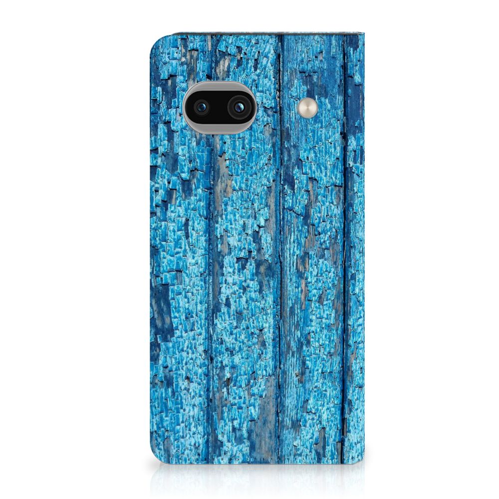 Google Pixel 8A Book Wallet Case Wood Blue blauw hout design voorkant