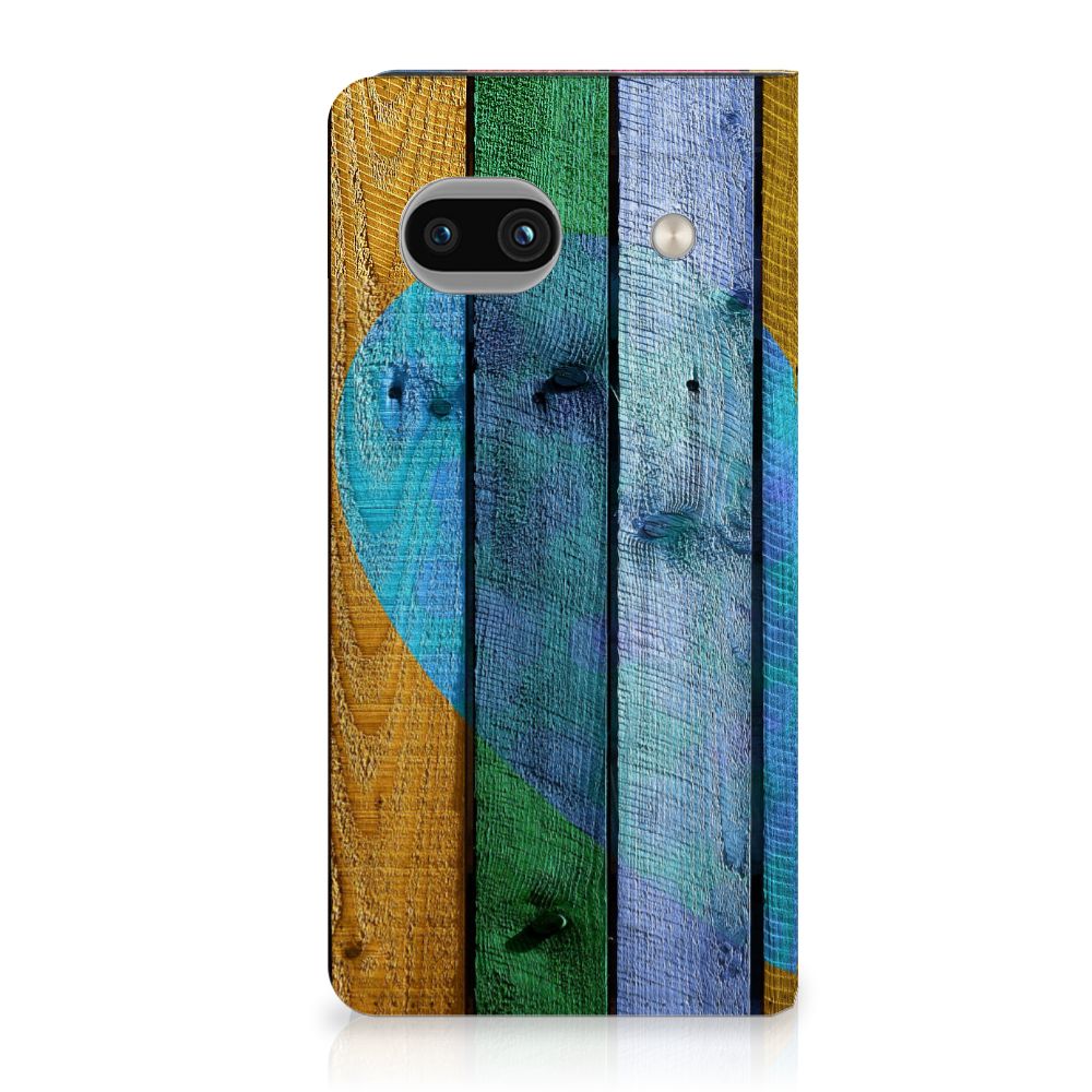 Google Pixel 8A Book Wallet Case Wood Heart design hout hart gezicht