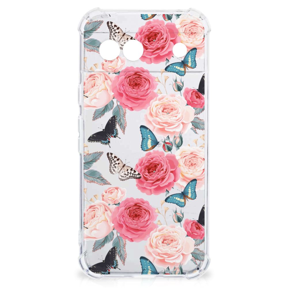 Google Pixel 8A Case Butterfly Roses telefoonhoesje bloemen vlinders transparant