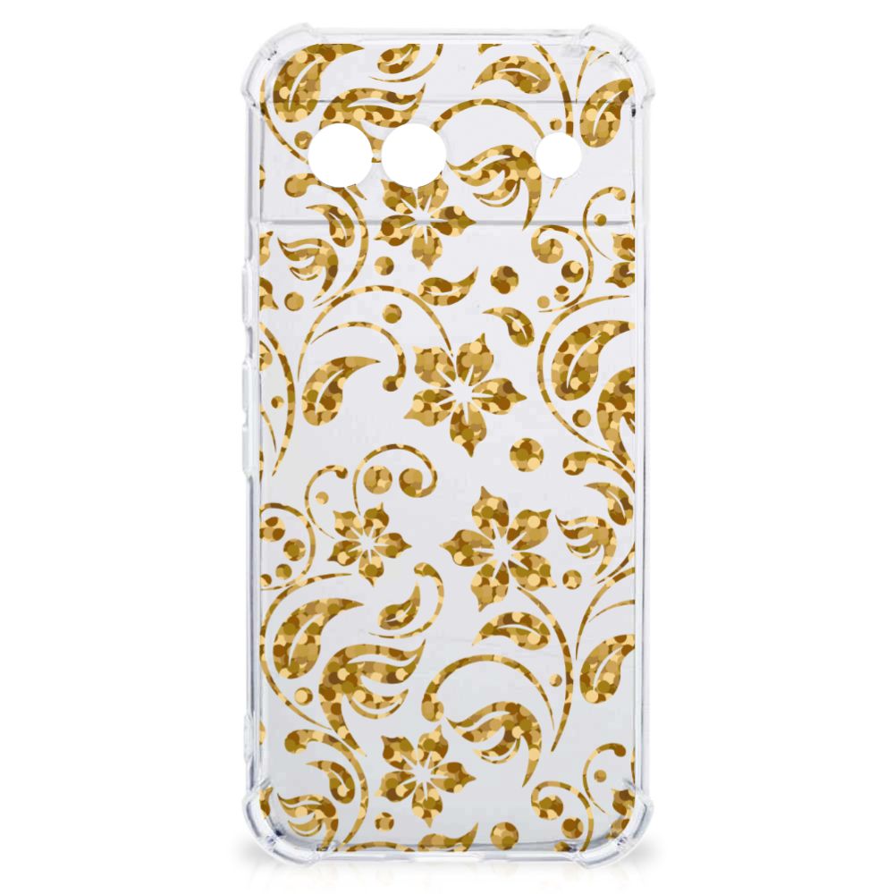 Google Pixel 8A Case Gouden Bloemen achterkant transparant bloemenpatroon