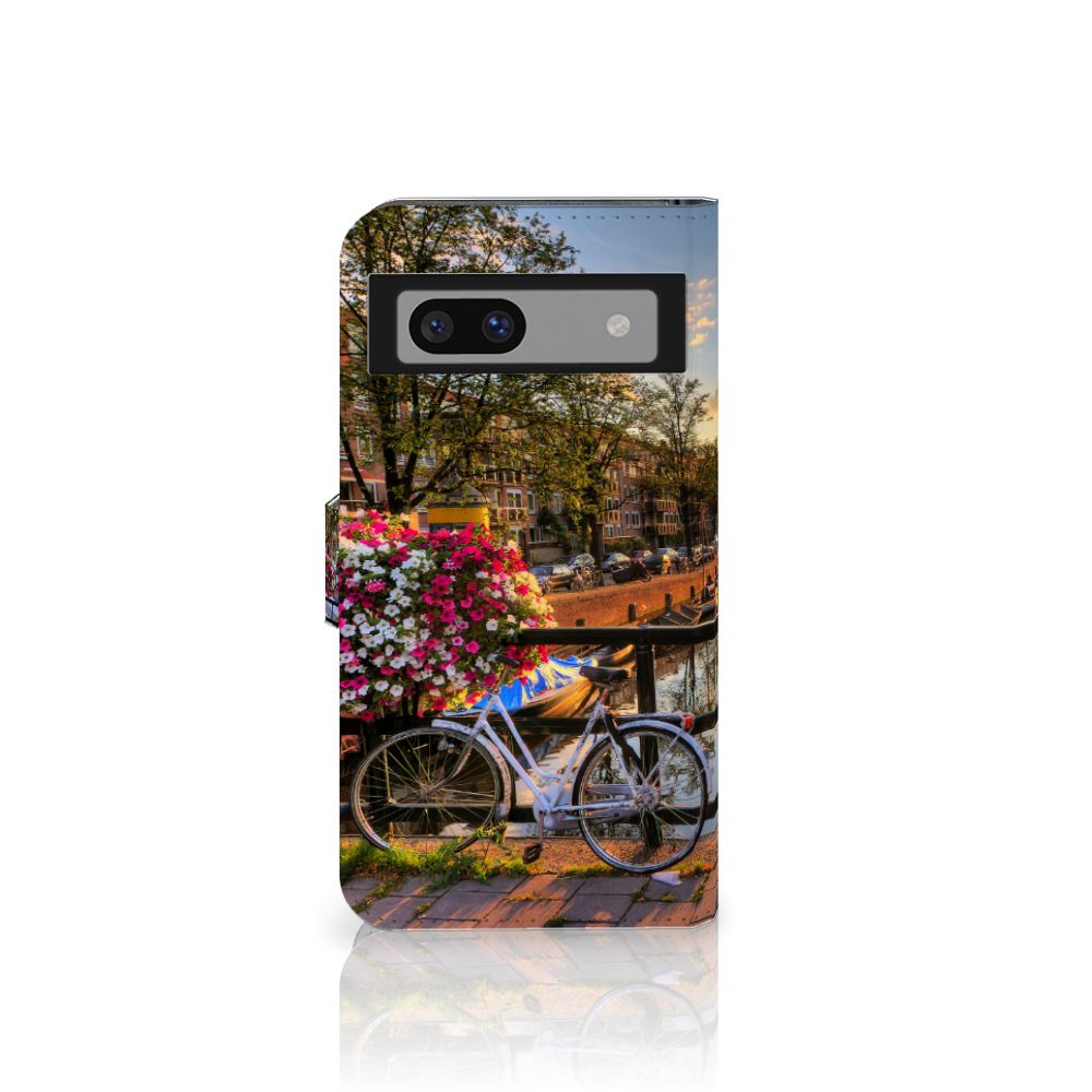 Google Pixel 8A Flip Cover Amsterdamse Grachten telefoonhoesje fiets bloemen Amsterdam