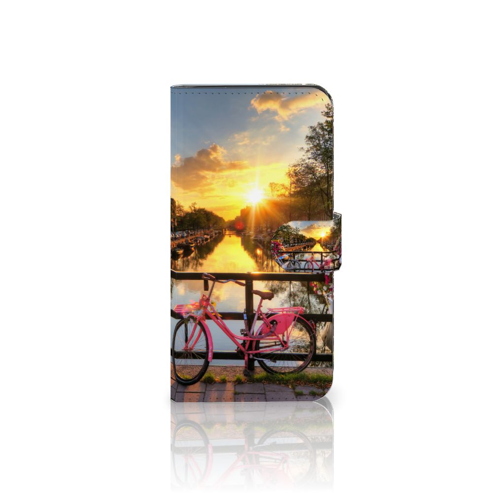 Google Pixel 8A Flip Cover Amsterdamse Grachten fiets zonsondergang ontwerp voorkant