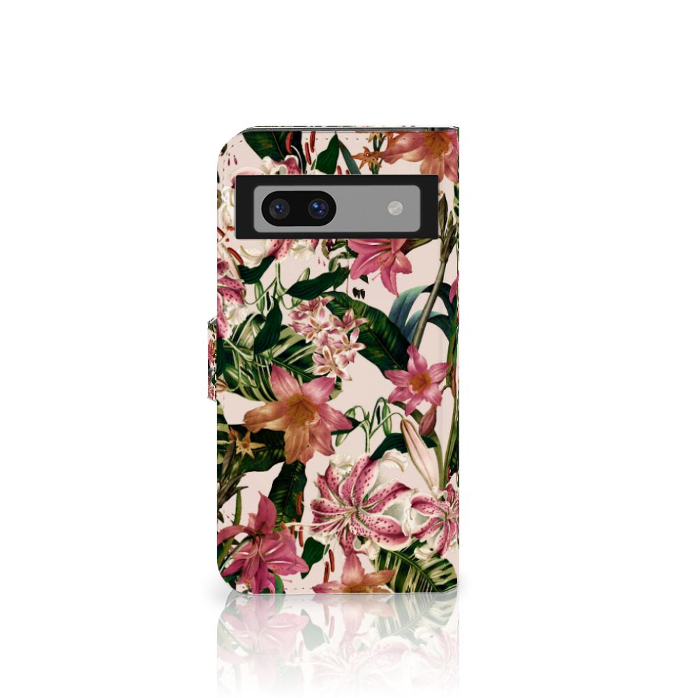 Google Pixel 8A Hoesje Flowers telefoonhoesje bloemen groen roze aanzicht