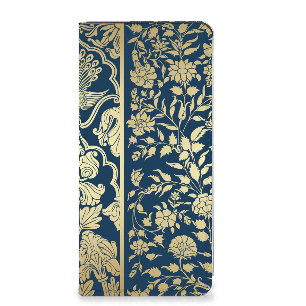 Google Pixel 8A Smart Cover Beige Flowers hoesje ontwerp beige bloemen donkerblauw aanzicht