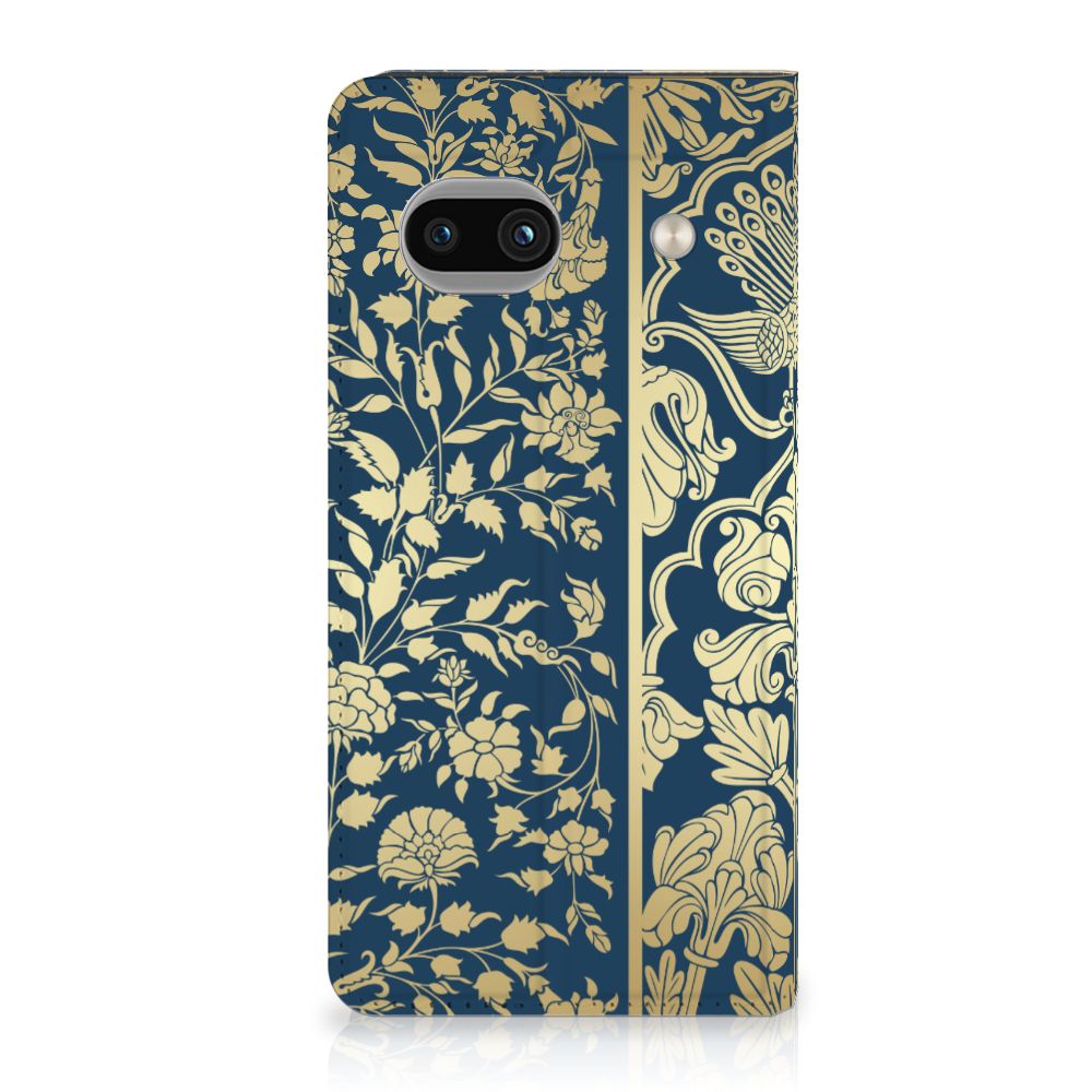 Google Pixel 8A Smart Cover Beige Flowers hoesje beige bloemen donkerblauwe achtergrond design