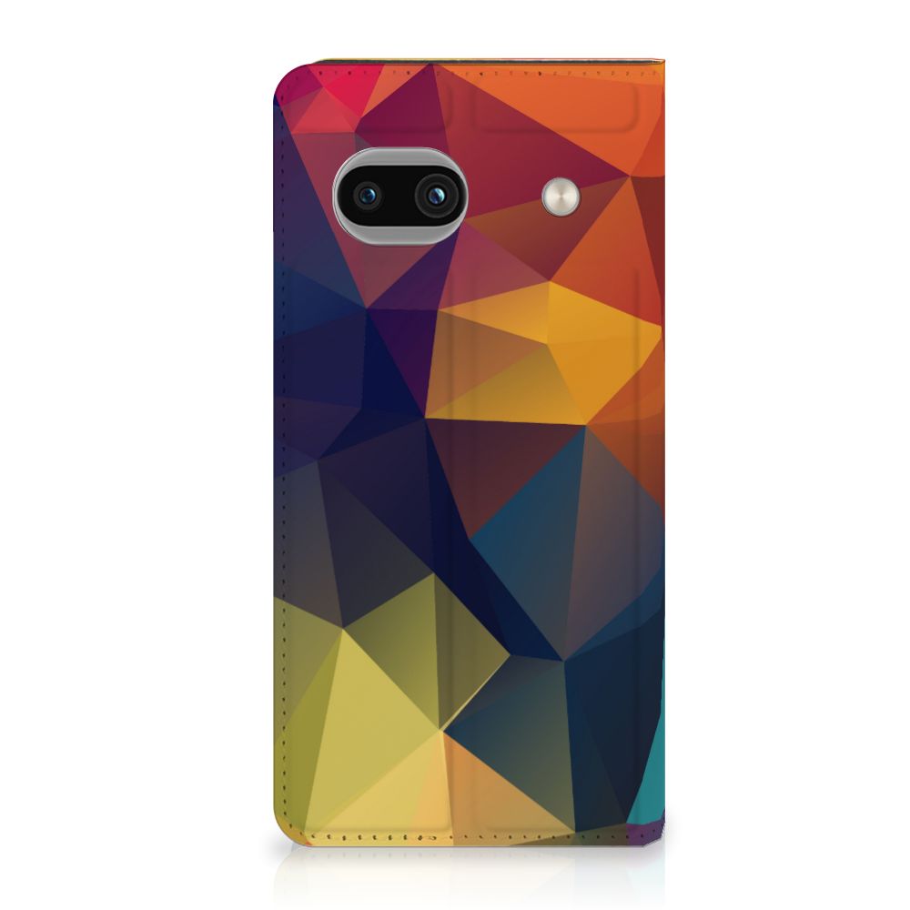 Google Pixel 8A Stand Case Polygon Color kleurrijke driehoeken abstract ontwerp aanzicht
