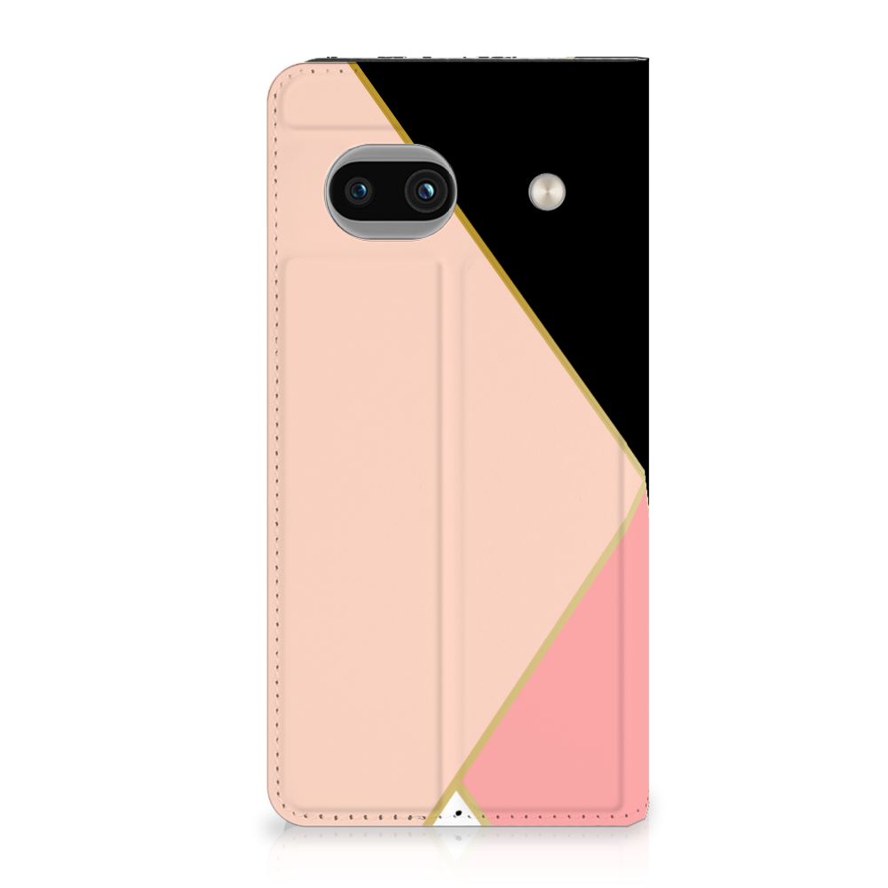 Google Pixel 8A Stand Case Zwart Roze Vormen design zwart roze aanzicht