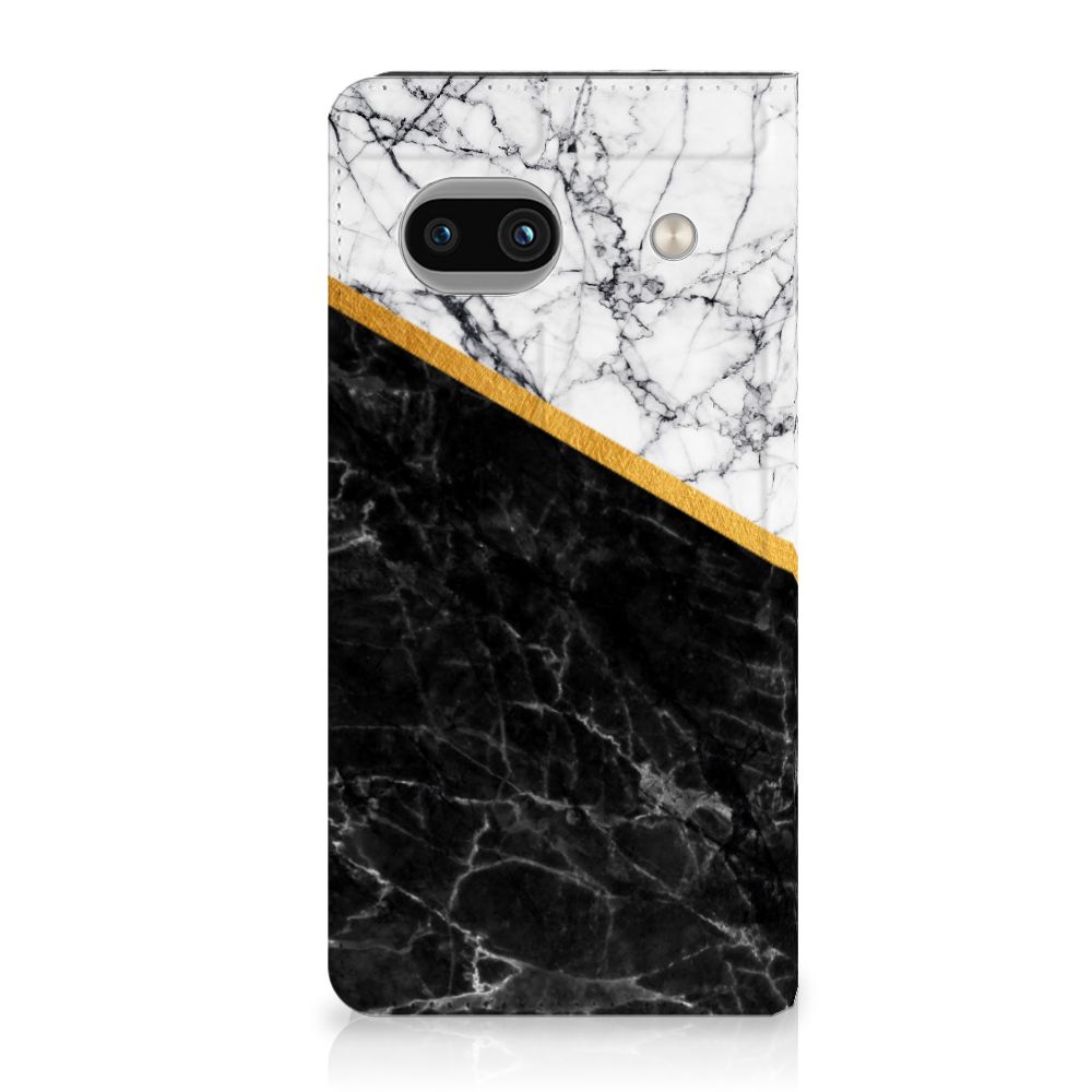Google Pixel 8A Standcase Marmer Wit Zwart design marmer voorkant