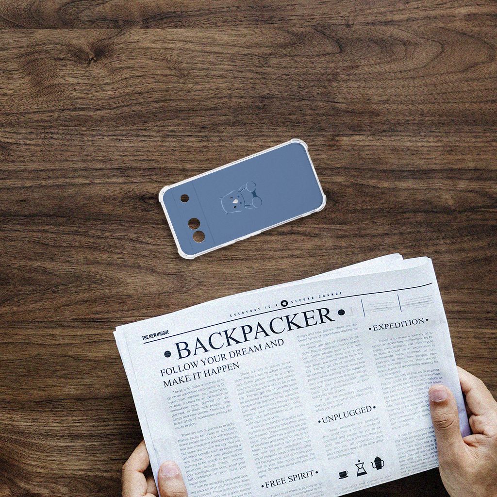 Google Pixel 8A Stevig Bumper Hoesje Baby Rhino achterkant op tafel met krant