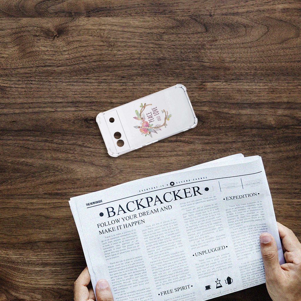 Google Pixel 8A Stevig Bumper Hoesje Boho Text bovenaanzicht telefoonhoesje op tafel
