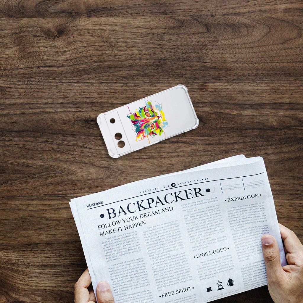 Google Pixel 8A Stevig Bumper Hoesje Cat Color bovenaanzicht op tafel met krant