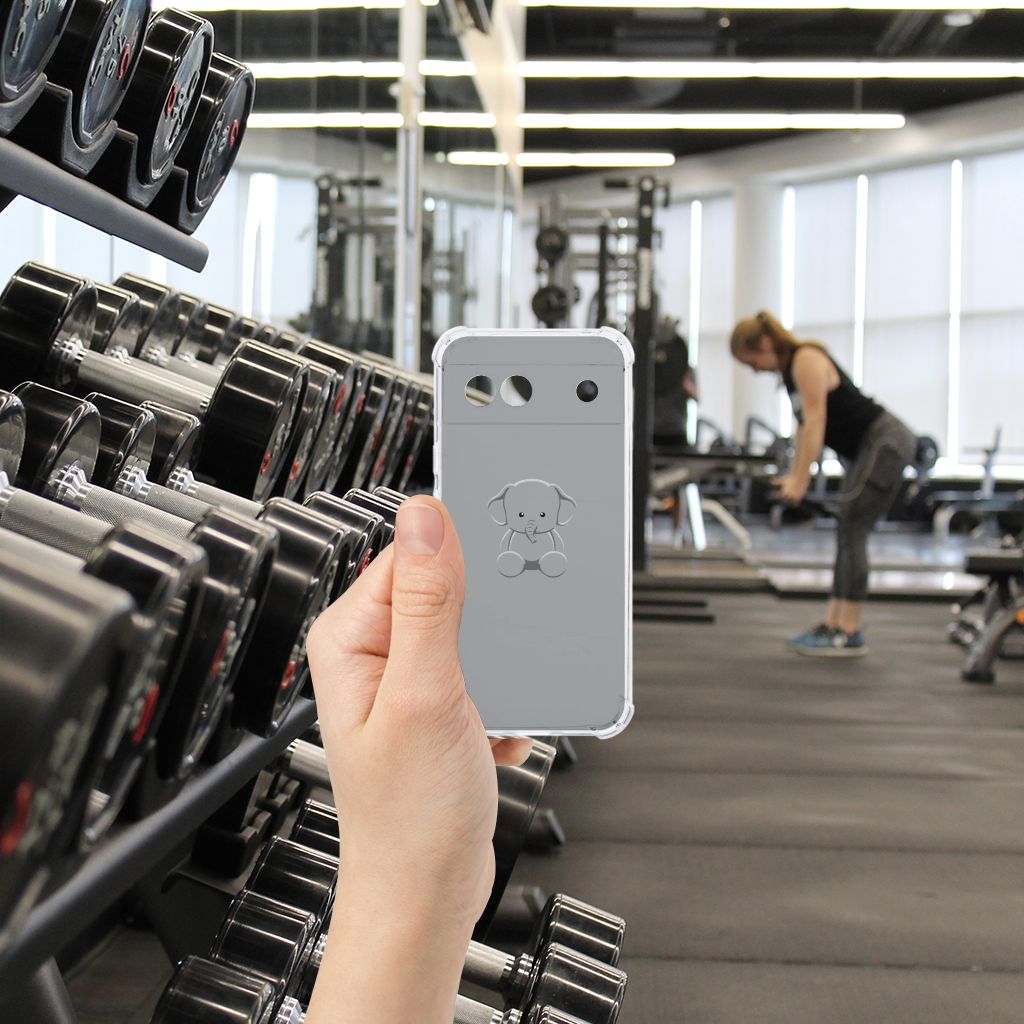 Google Pixel 8A Stevig Bumper Hoesje Grijs Baby Olifant hand gym