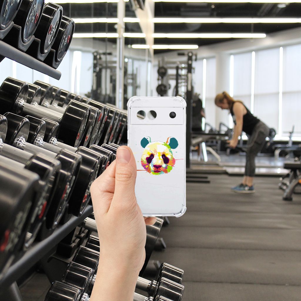 Google Pixel 8A Stevig Bumper Hoesje Panda Color hand met hoesje gym setting