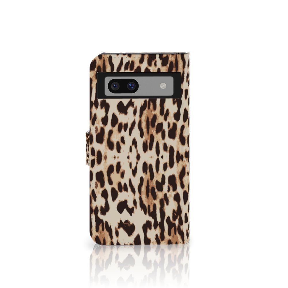 Google Pixel 8A Telefoonhoesje met Pasjes Leopard zwart bruin design aanzicht