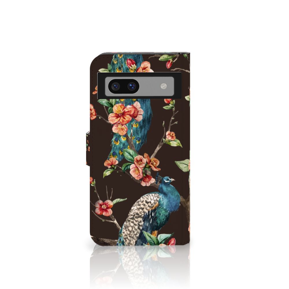 Google Pixel 8A Telefoonhoesje met Pasjes Pauw met Bloemen telefoonhoesje pauw bloemen voorkant