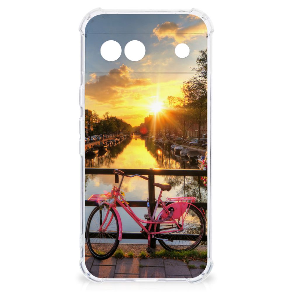Google Pixel 8A Telefoonhoesje met valbescherming Amsterdamse Grachten fiets zonsondergang