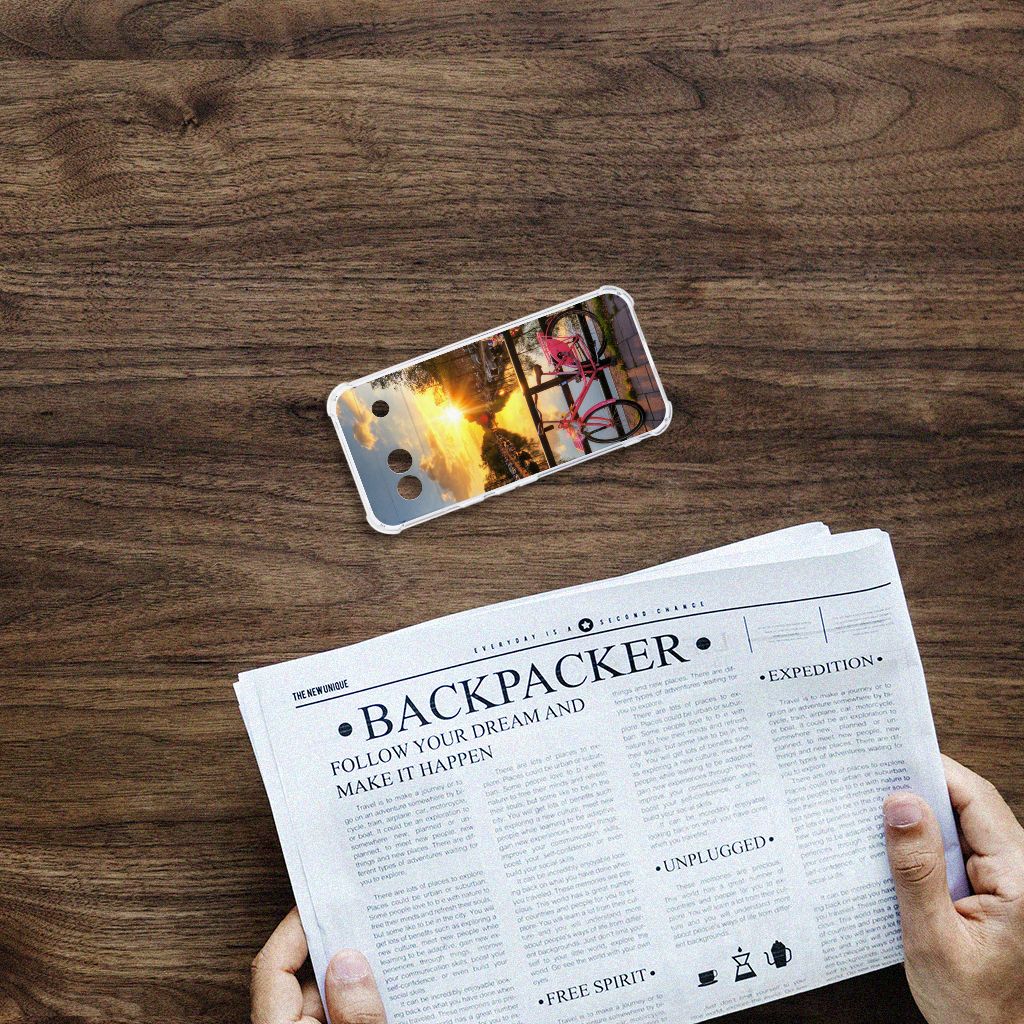 Google Pixel 8A Telefoonhoesje met valbescherming Amsterdamse Grachten achterzijde op tafel met krant
