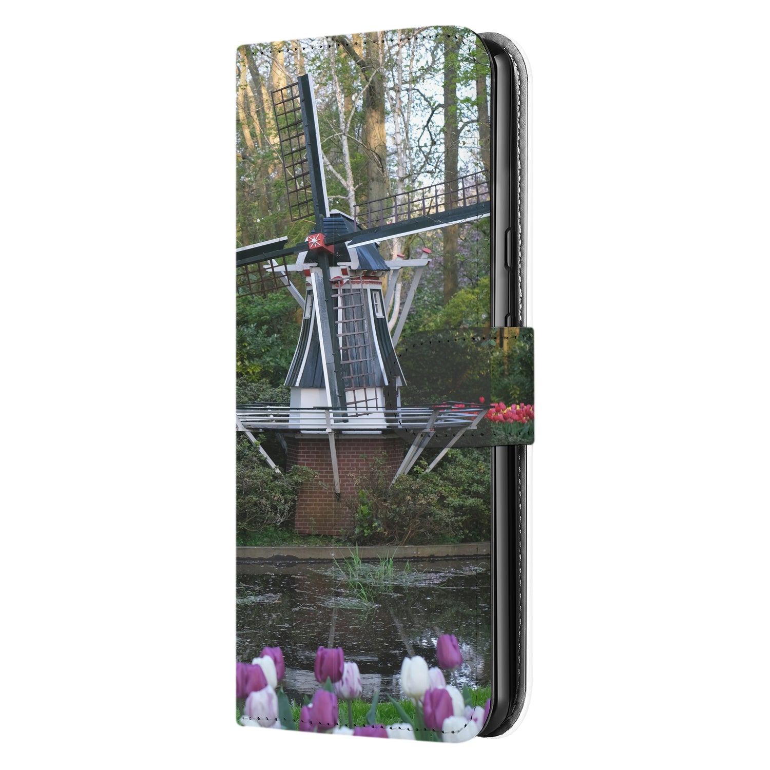 Gepersonaliseerd Telefoonhoesje Google Pixel 8A – Boekmodel Kunstleer met afbeelding van een molen en bloemen.