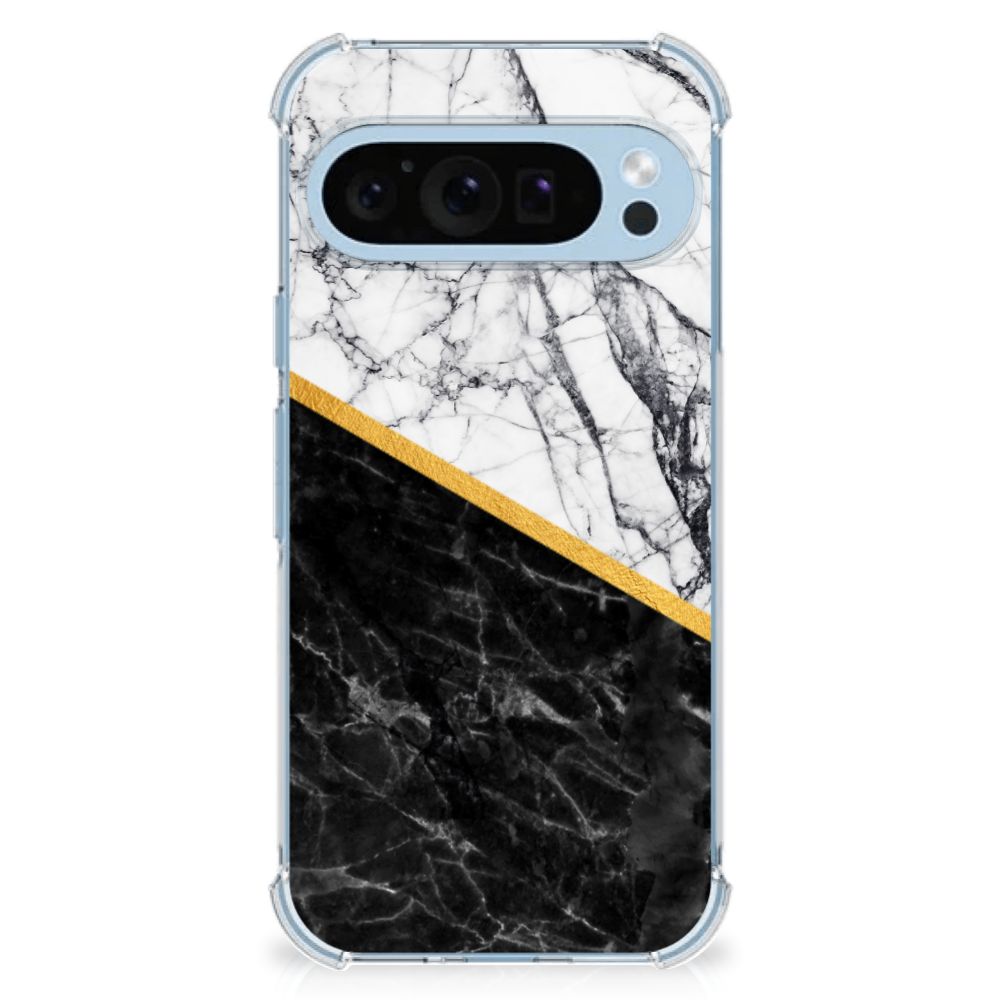 Google Pixel 9 | 9 Pro Anti-Shock Hoesje Marmer Wit Zwart - Origineel Cadeau Man Marble White Black design achterkant